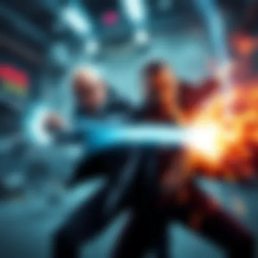 Heisenberg and Dimitrescu battling in a game environment with intense energy effects