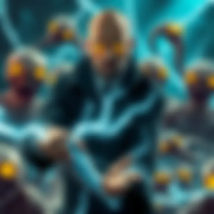 Karl Heisenberg showcasing his electric eel powers while surrounded by chaotic body horror creations, blending humor and horror in a game-like setting.