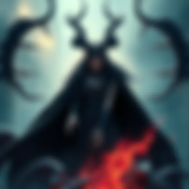 A depiction of Hel, the Norse goddess of the underworld, surrounded by shadows, contrasting with mythical creatures like Jörmungandr and Fenrir in the background.