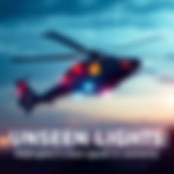 A helicopter lifting off the ground, surrounded by unexplained lights in the sky.