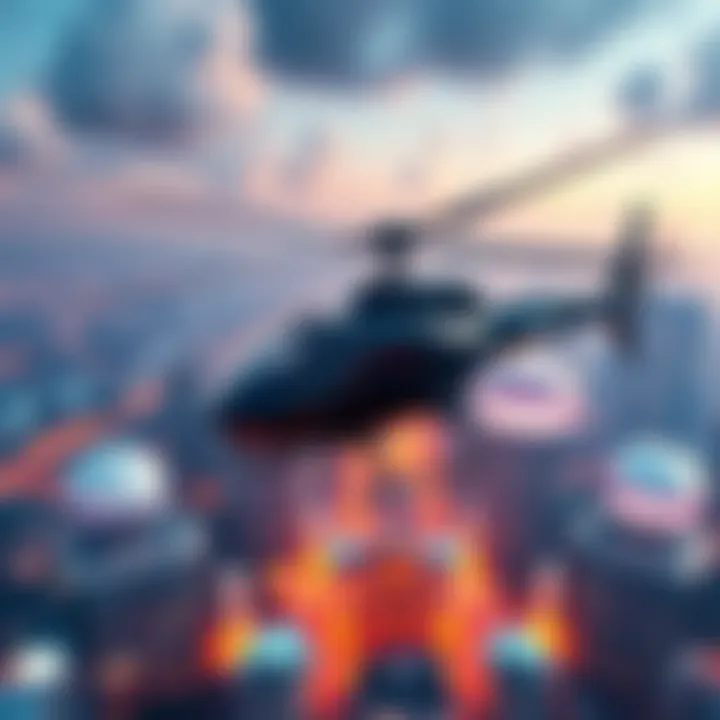 A helicopter flying over a simulated cityscape, showcasing the dynamic environment of a gaming intro cutscene.