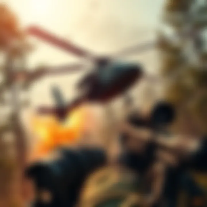 Helicopter Under Fire A tactical scene showing a sniper aiming at a helicopter above with a rifle in hand, surrounded by trees and debris.
