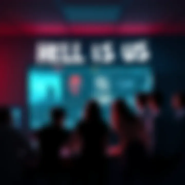 People discussing the game Hell Is Us with screenshots and game art visible on a screen