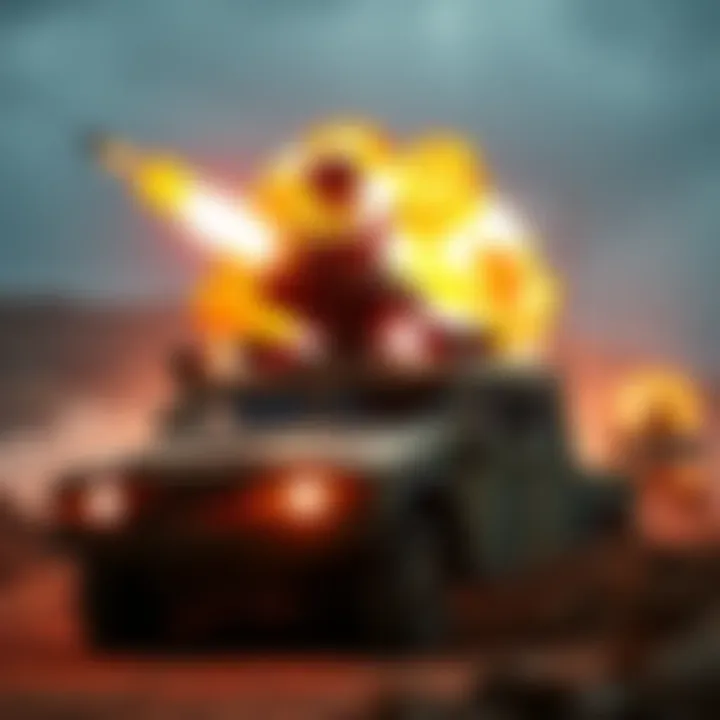 A military vehicle equipped with the Hell Wind weapon firing in a combat zone, showcasing its destructive capabilities.