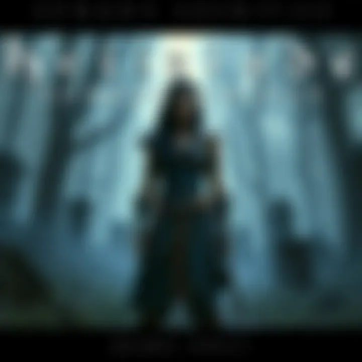 A warrior woman with long dark hair, wearing a blue and brown outfit, standing in a misty forest filled with ancient ruins.