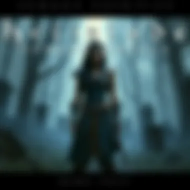 Hellblade Senua's Sacrifice Character A warrior woman with long dark hair, wearing a blue and brown outfit, standing in a misty forest filled with ancient ruins.