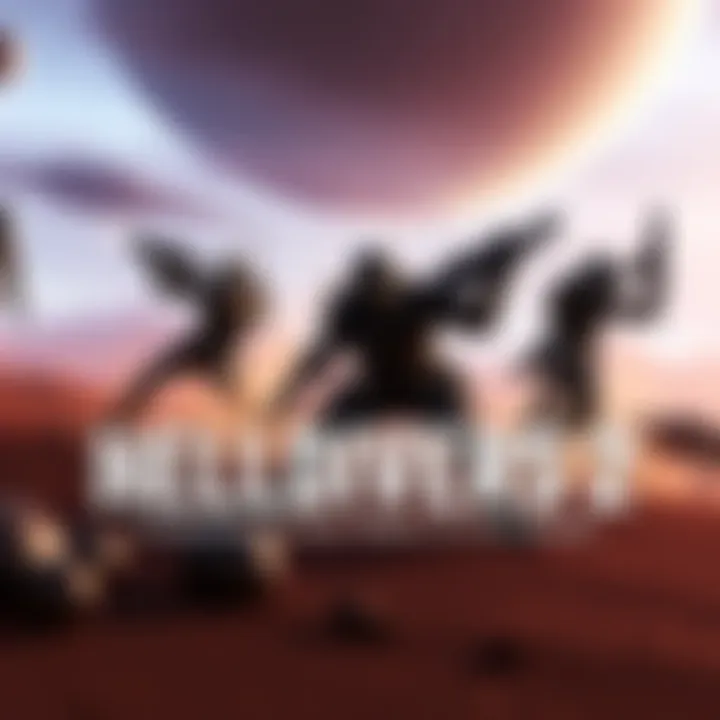Action scene from Helldivers 2, featuring characters in combat on an alien planet