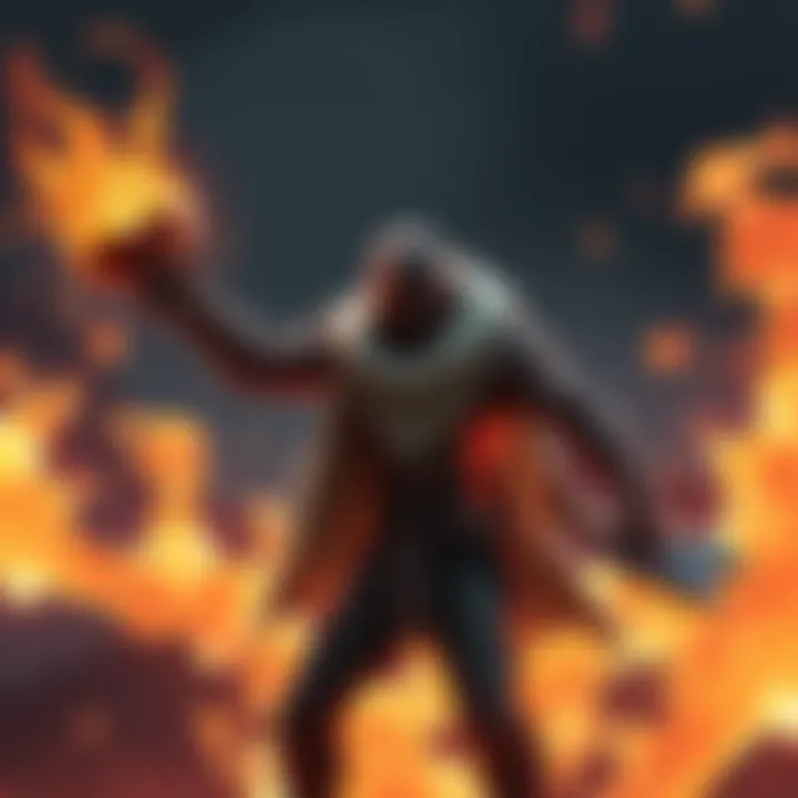 A character in a dynamic pose wielding a Hellfire item, surrounded by glowing flames, showcasing its legendary status and unique benefits.
