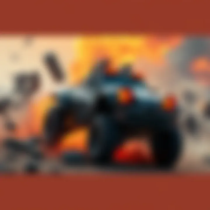 Hellhound Vehicle in Action A powerful Hellhound vehicle driving through a battlefield, crushing obstacles and taking down opponents.