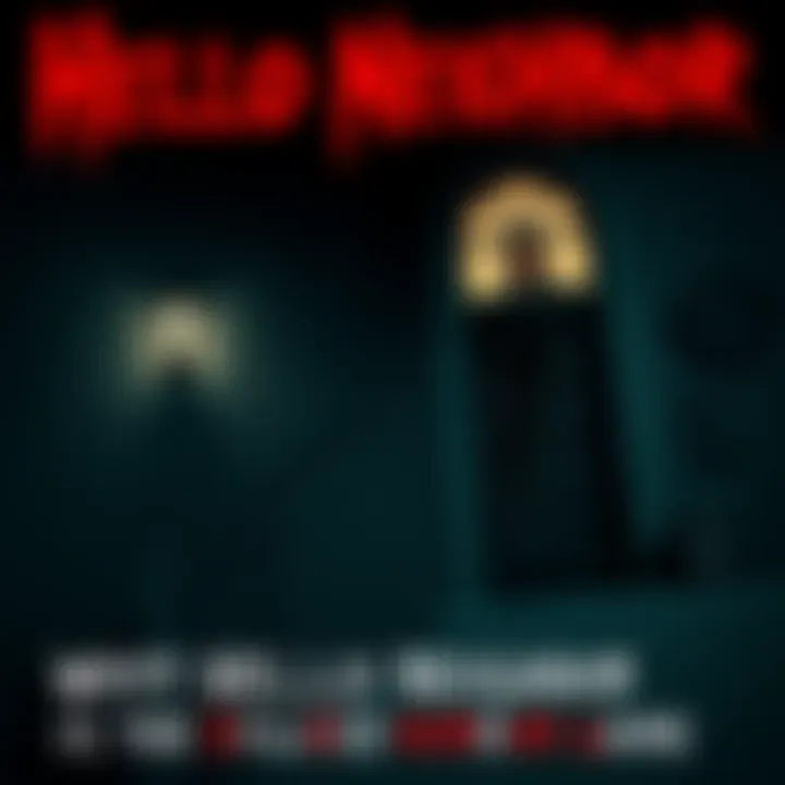 A dark, creepy house with a suspicious neighbor watching from the window, conveying a horror game atmosphere.