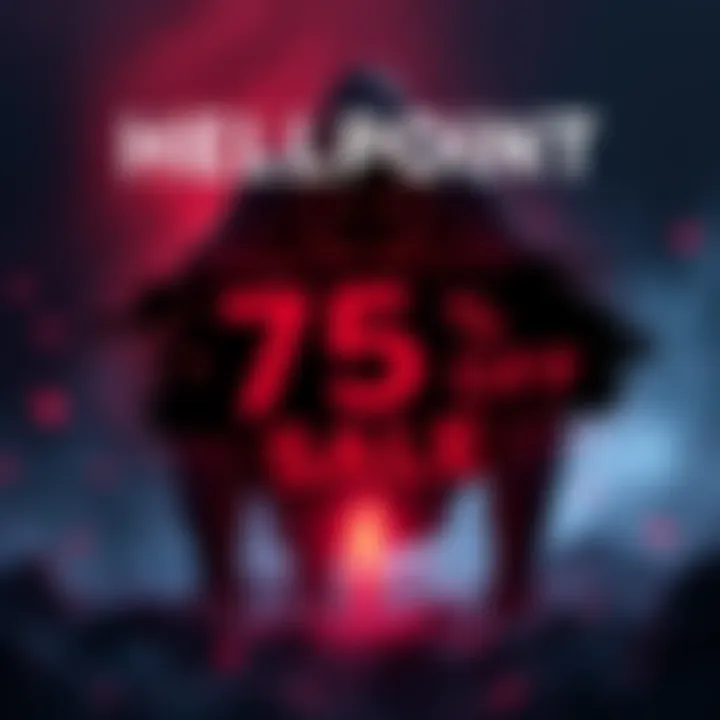 A promotional graphic showing Hellpoint with a 75% off discount banner, featuring the game's dark and atmospheric visuals.