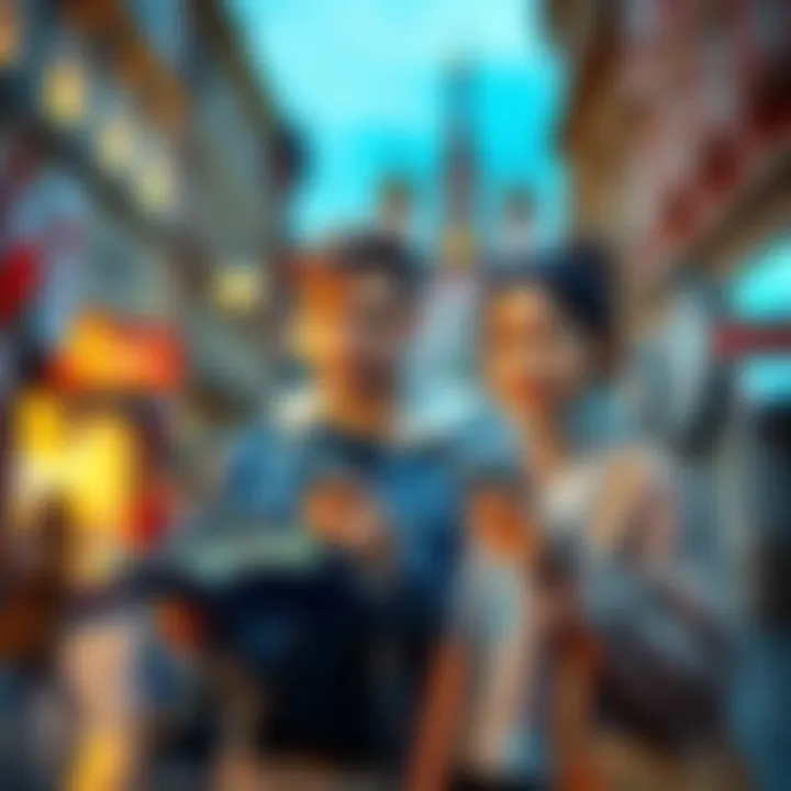 Two Friends Seeking Help in Moscow A person holding a map and another person looking at a phone, both appearing puzzled in a busy Moscow street.