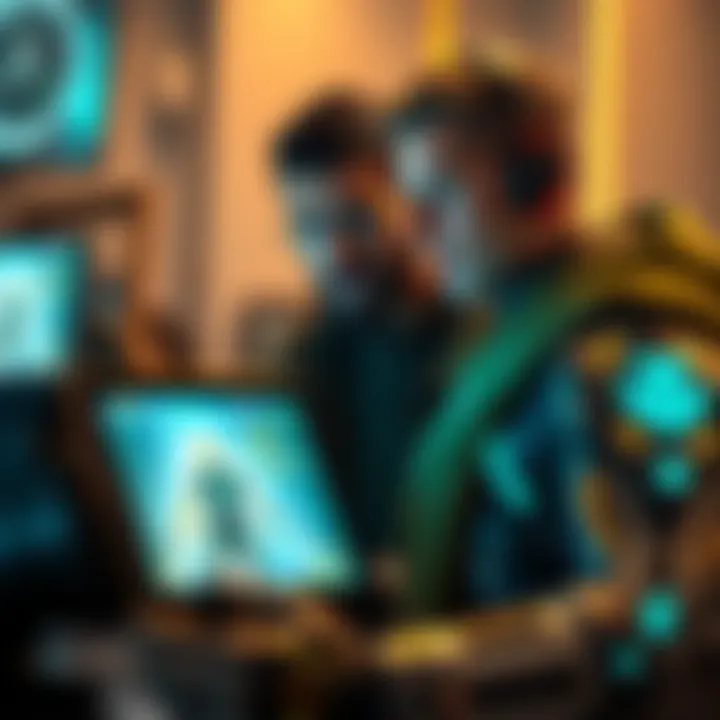 Helping a Friend in Warframe A person showing another player how to navigate Warframe's gameplay while they both look at a screen together