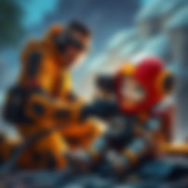 A player assists a young Tenno during a Railjack mission, showcasing teamwork and support with spare parts.