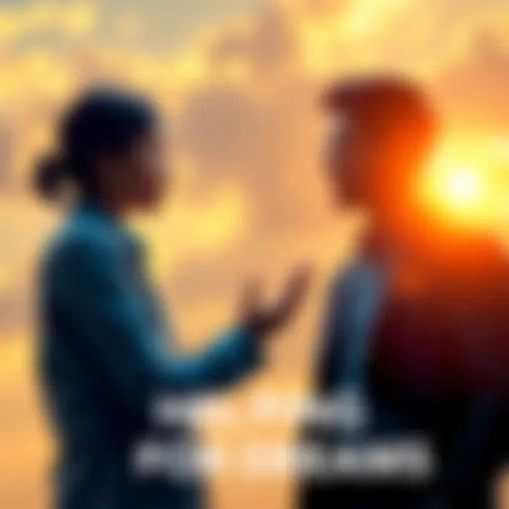 A person offering help to another individual, both deep in discussion about achieving personal dreams, with a bright background symbolizing hope and aspiration.