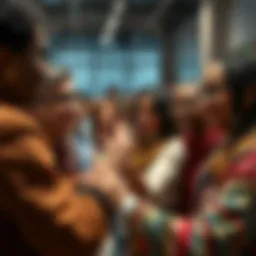 A diverse group of people welcoming a newcomer with smiles and open arms at a community event.