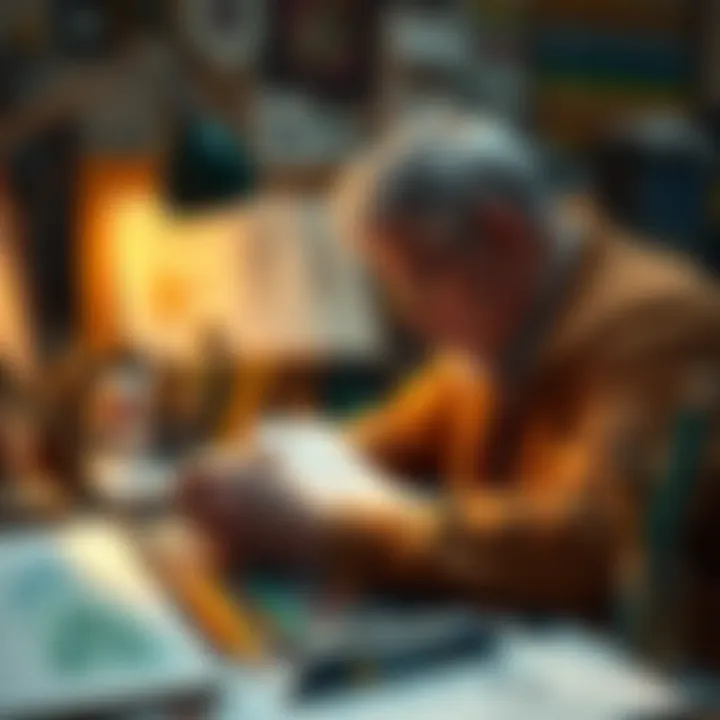 Henri focused on his drawing, surrounded by colorful art supplies, with a sketch taking shape on the page.