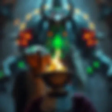 A character lighting one of the death bowls in the Herald of the Maw questline, with a glowing armor set in the background.