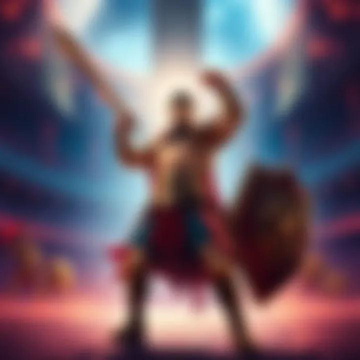 Hercules in Battle A strong warrior named Hercules wearing armor, preparing for combat in a vibrant arena, showcasing powerful stance and weapons.