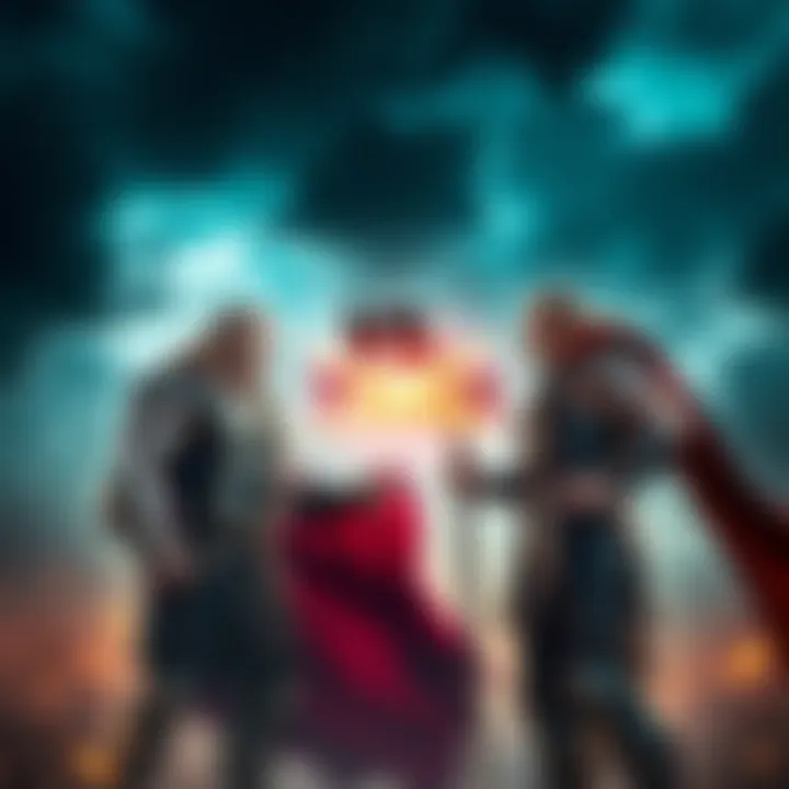 Hercules and Thor stand ready to battle, showcasing their powerful physiques and armor, with a stormy sky in the background.
