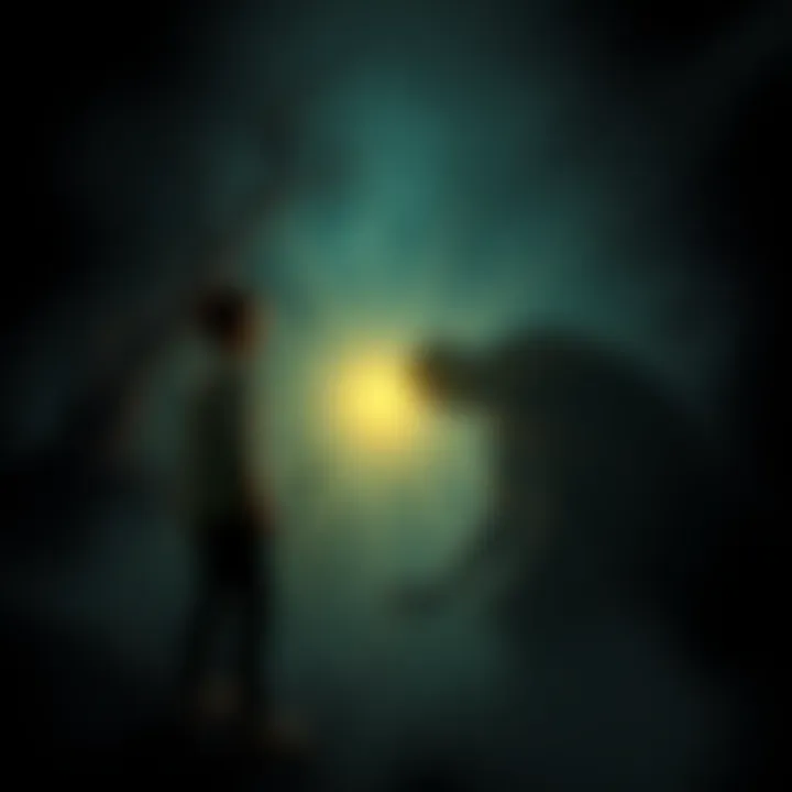 Herman looks terrified as he encounters a haunting figure in a dark setting