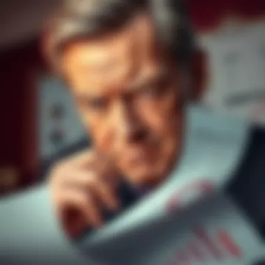 A close-up of a concerned man with a frown, deep in thought, surrounded by notes and charts, symbolizing scrutiny and decision-making.