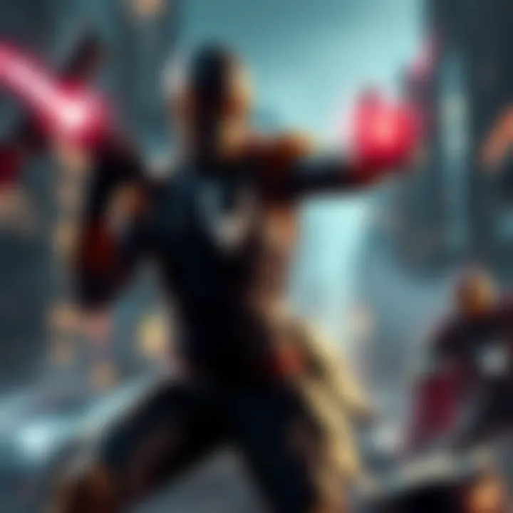 A powerful video game hero in a dynamic fighting pose against villains in a dark cityscape.