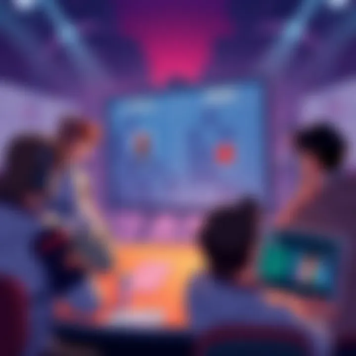 Illustration of players discussing hero bans with a voting board and game characters in the background