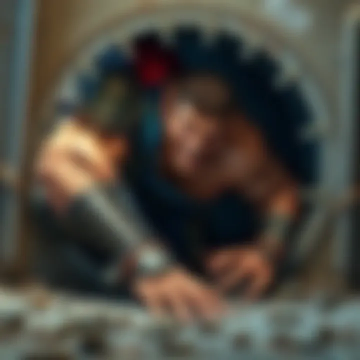 A muscular character awkwardly trying to fit inside a narrow air vent, highlighting the challenge of size in tight spaces.