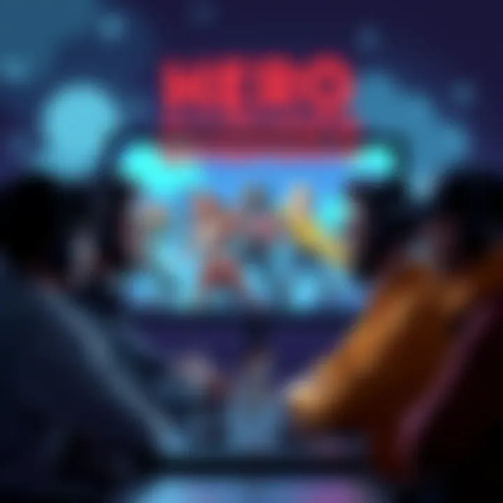 A group of gamers discussing hero ban strategies, with characters illustrated on a screen in the background.