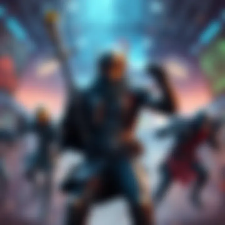 A popular game character with a confident stance, surrounded by other players, showcasing their abilities in a competitive match.