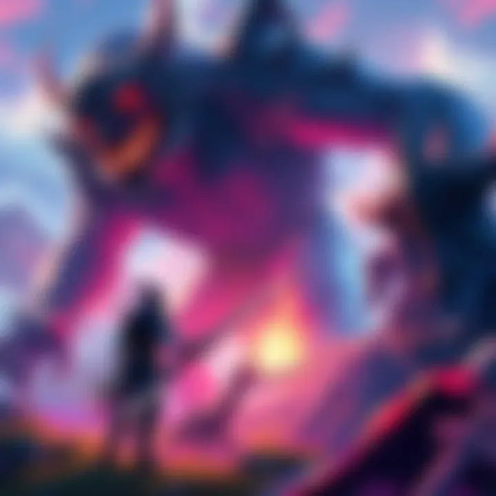 Hero battling Primordial Malzeno A player character with a greatsword confronting a large monster named Primordial Malzeno in a vibrant fantasy landscape.