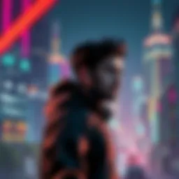 A flawed hero standing alone, looking pensive with a backdrop of a colorful cityscape, reflecting the complexities of the narrative in Mixtape.