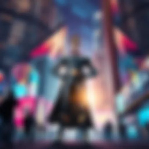 A confident hero figure stands proudly in an urban setting, symbolizing hope and inspiration for the community.