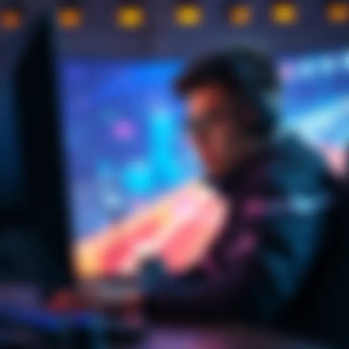 Hero in Competitive Gameplay A competitive gamer focuses on one hero character while playing on the computer, aiming to increase their rank in the game.