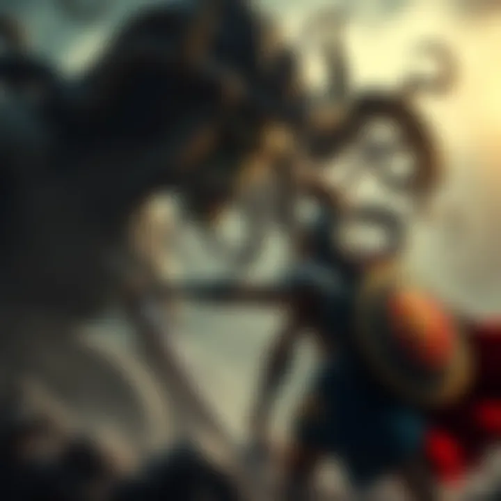 A brave hero stands facing Medusa, a monster with snake hair, ready for battle. The hero is equipped with a sword and shield, while Medusa's fierce expression shows her power.