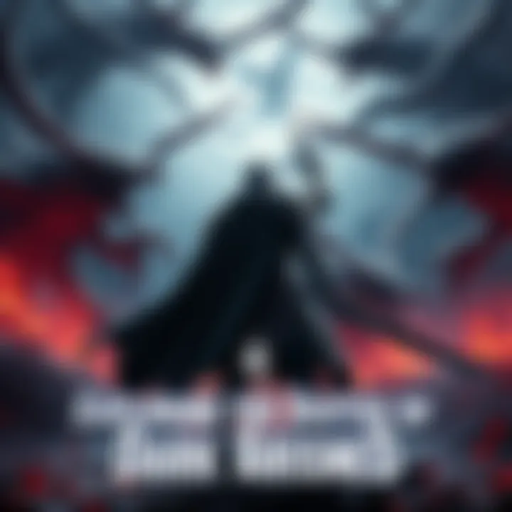 A brave warrior stands ready for battle in a dark fantasy setting, wielding a sword and wearing armor, surrounded by mysterious creatures and an ancient landscape.