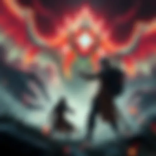 A video game hero collecting glowing aura while facing a menacing monster