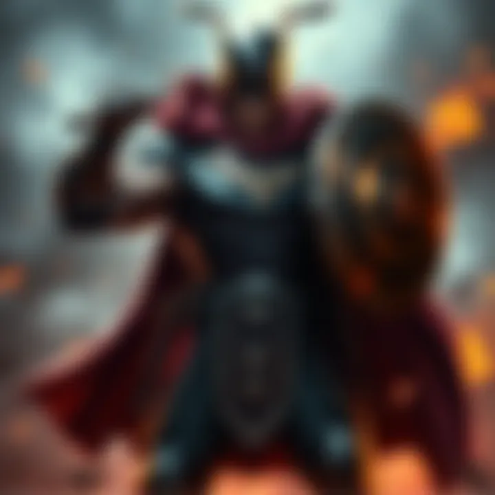 A powerful character stands boldly, displaying strength with a protective stance, ready to defend while showing determination to return to battle.