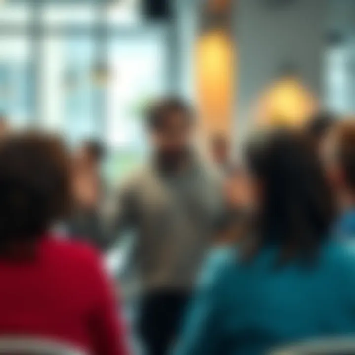 A confident individual sharing ideas with a group in an online forum setting, encouraging open discussions and positive interactions.