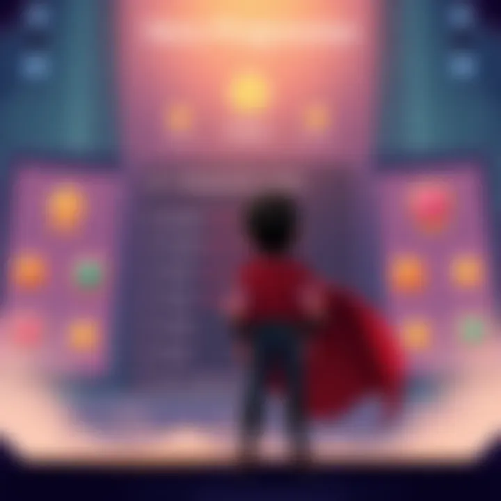 Hero Progression Concept Art An illustration showing a hero character standing in front of a giant level-up display with simple playtime stats, looking frustrated. In the background, colorful rewards are displayed but seem unappe...