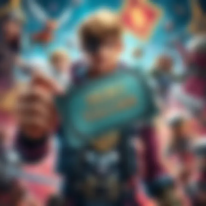 Hero Recruitment Voucher A character holding a hero recruitment voucher with various game icons in the background