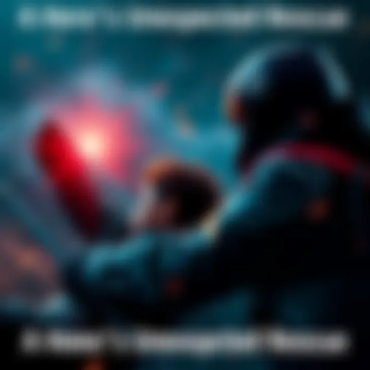 A hero helps a person in need during a dramatic moment, showcasing bravery and support.