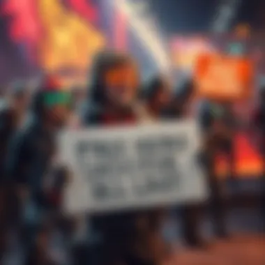 Group of players expressing frustration over lack of free skins in a hero shooter game, holding signs and gaming gear.