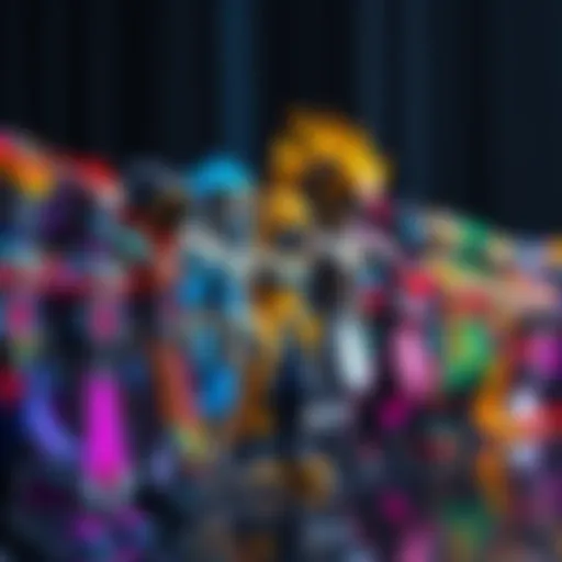 Hero skins collection A colorful display of various hero skins lined up, highlighting a mix of styles and designs, with a few untouched skins in the background.