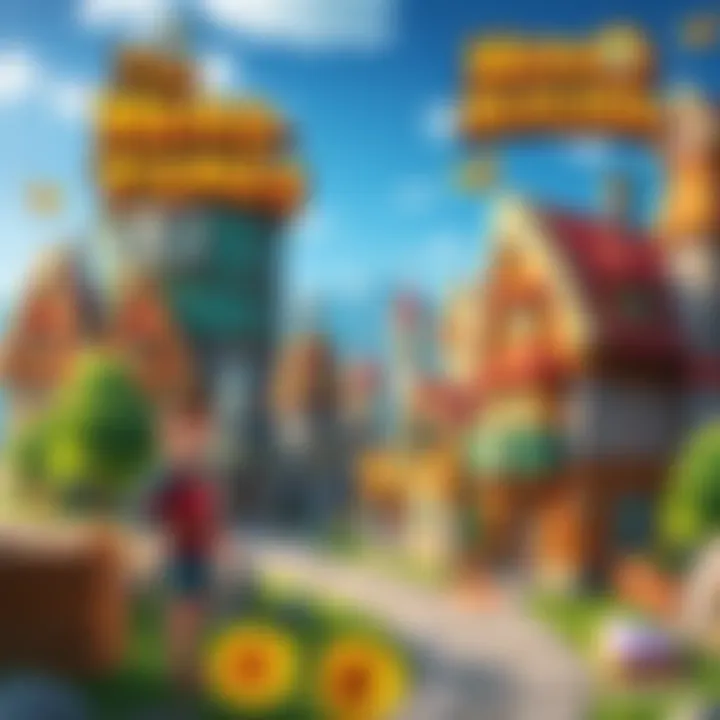 A vibrant scene showing characters building and renovating a town in a fantasy setting with colorful houses and greenery.