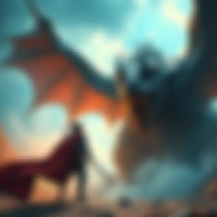 Hero confronting a giant monster A brave character stands ready to battle a massive dragon, showcasing determination and strength.