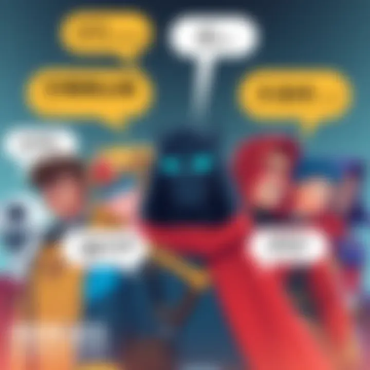 Illustration of diverse heroes from a game, each displaying speech bubbles with unique voicelines in various languages, showcasing their personalities.