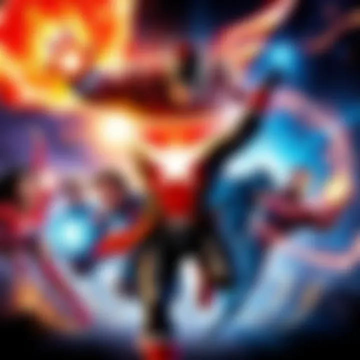 A group of diverse heroes using their ultimate abilities in a vibrant scene, showcasing energy and excitement