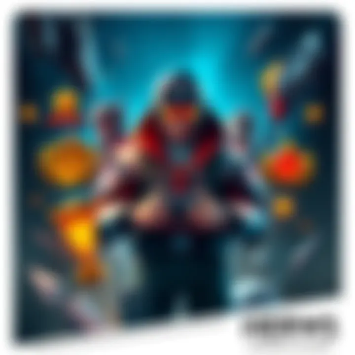 A gamer starting with basic gear and leveling up through gameplay, surrounded by different game achievements, showcasing growth and skill development.